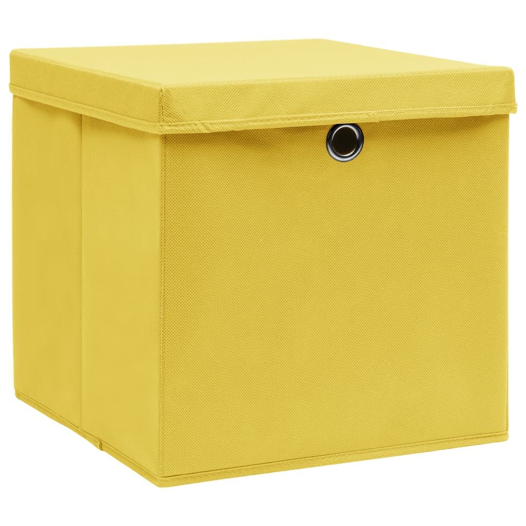 opbevaringskasser med låg 4 stk. 32x32x32 stof gul
