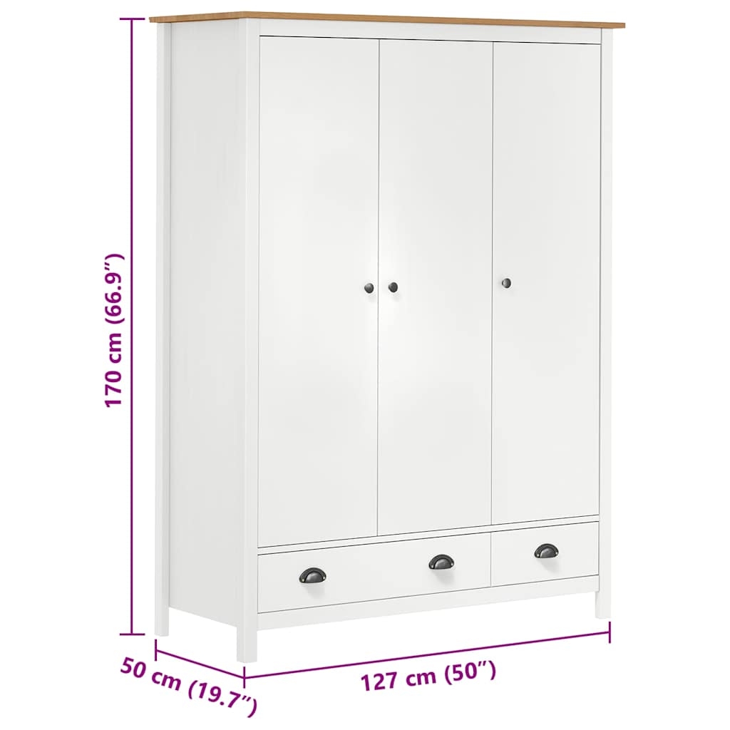 klædeskab med 3 låger Hill 127x50x170 cm massivt fyrretræ hvid