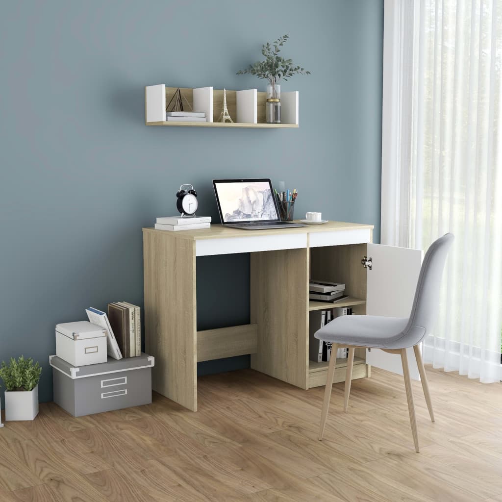 skrivebord 100x50x76 cm konstrueret træ hvid og sonoma-eg