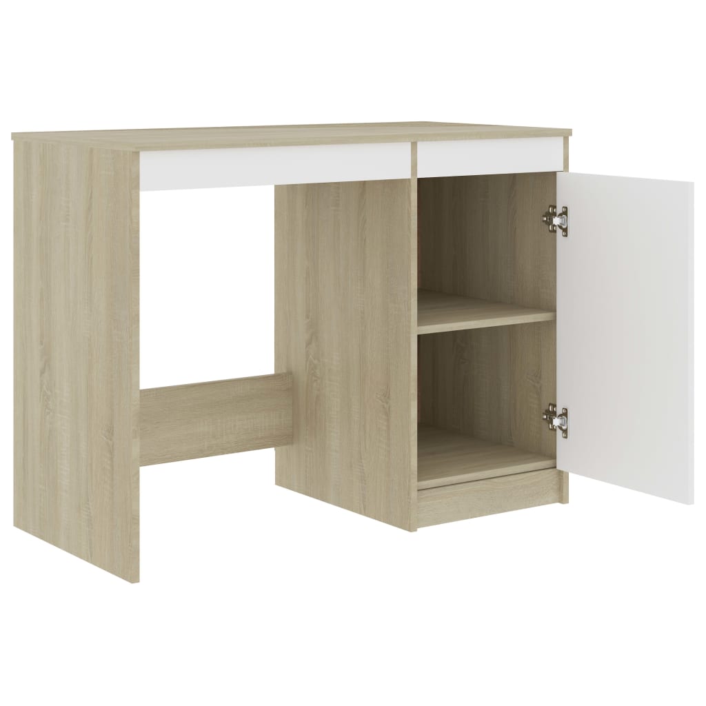 skrivebord 100x50x76 cm konstrueret træ hvid og sonoma-eg