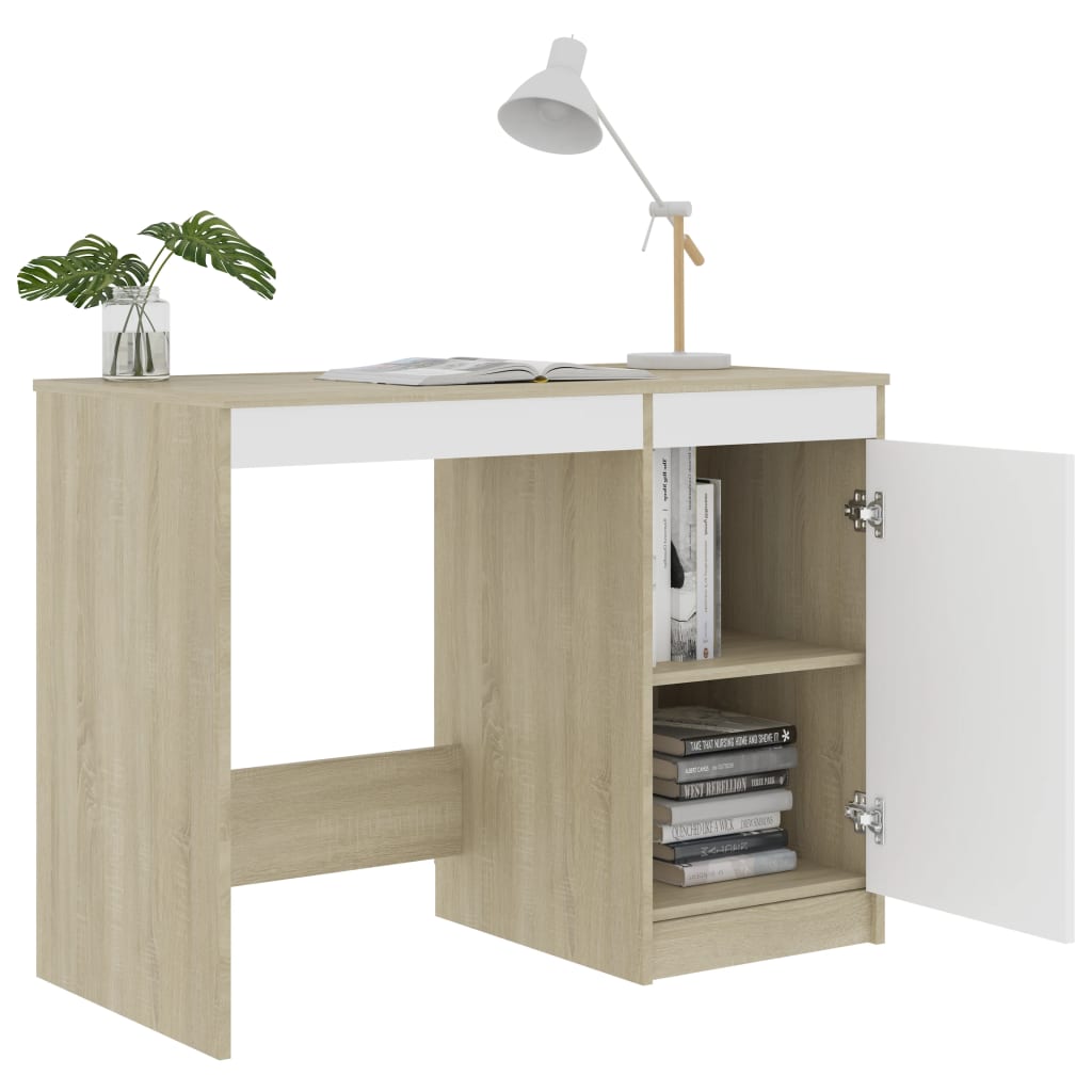 skrivebord 100x50x76 cm konstrueret træ hvid og sonoma-eg
