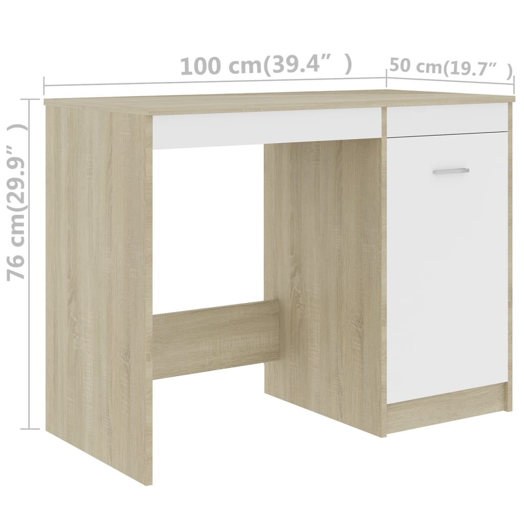 skrivebord 100x50x76 cm konstrueret træ hvid og sonoma-eg