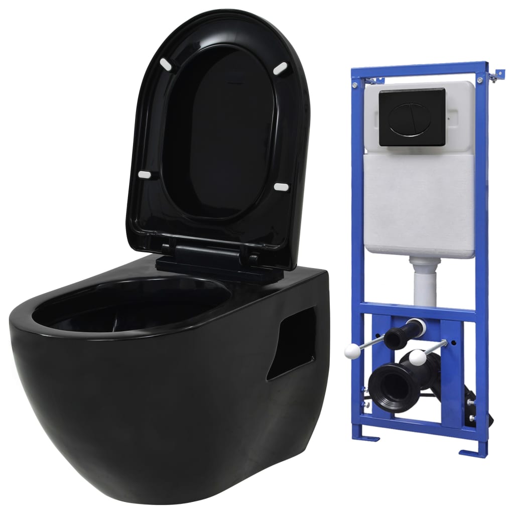 væghængt toilet med skjult cisterne keramisk sort