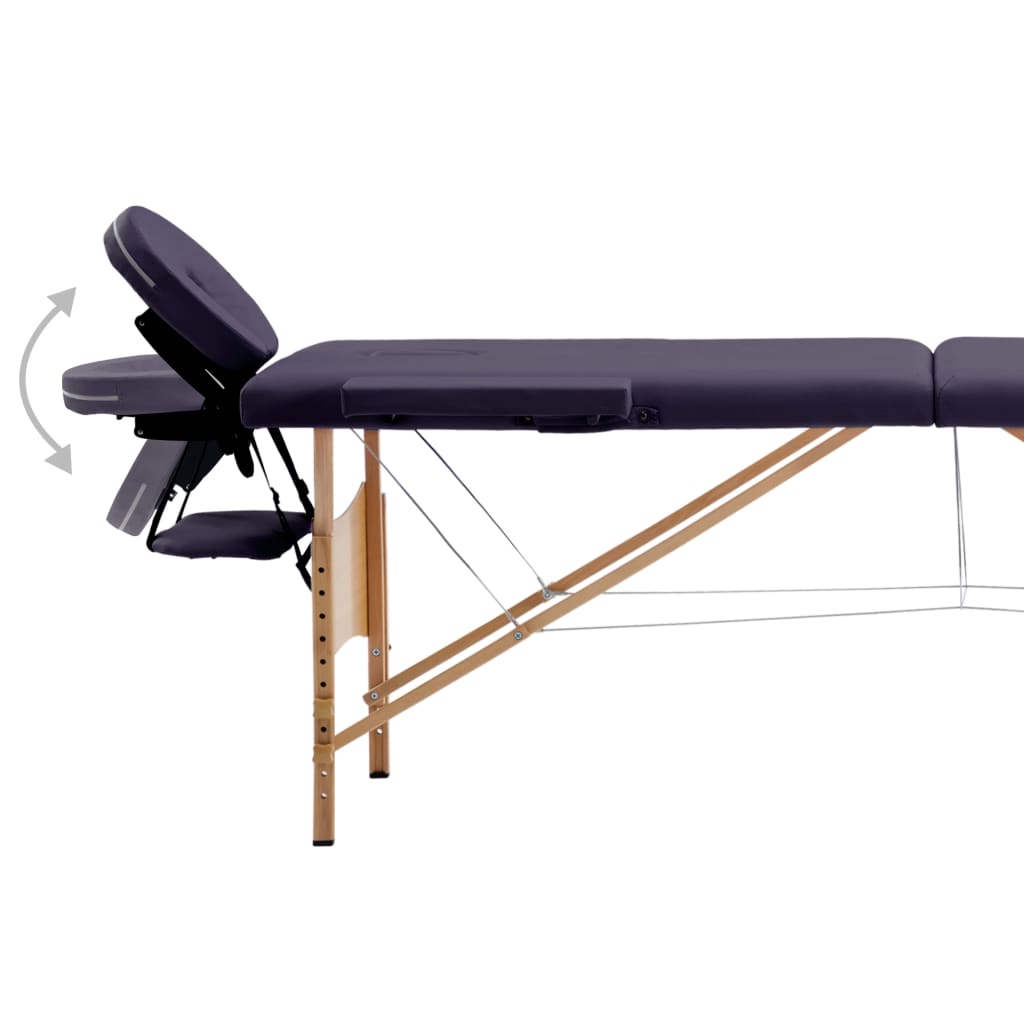 sammenfoldeligt massagebord med træstel 2 zoner lilla