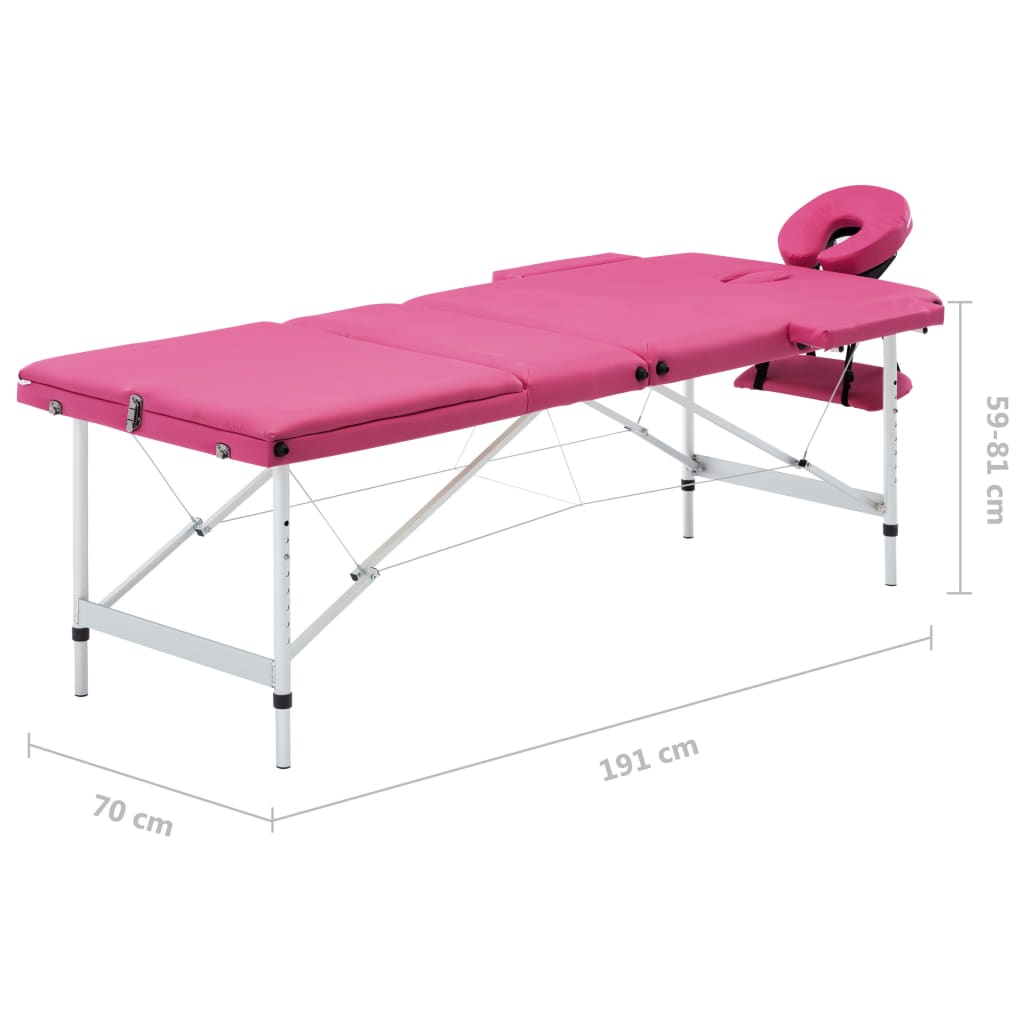 sammenfoldeligt massagebord aluminiumsstel 3 zoner lyserød