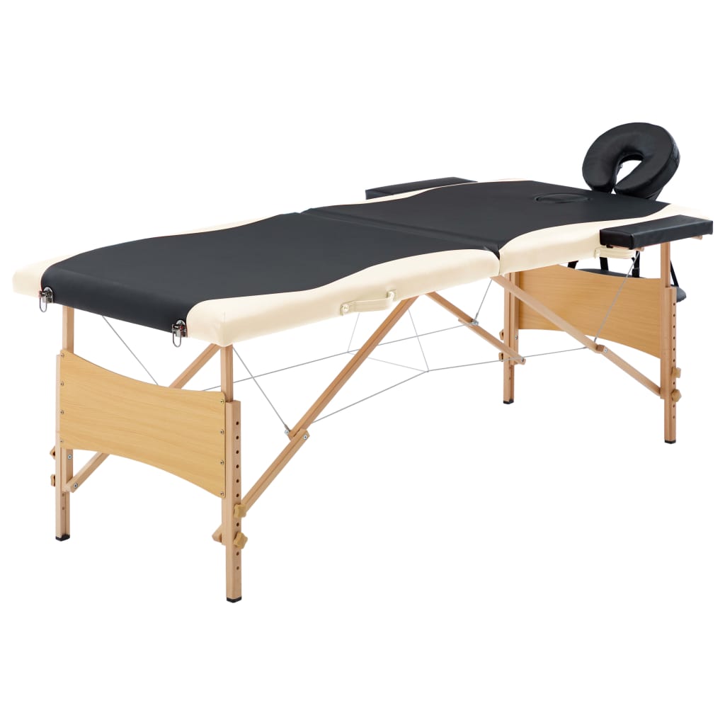 sammenfoldeligt massagebord med træstel 2 zoner sort og beige