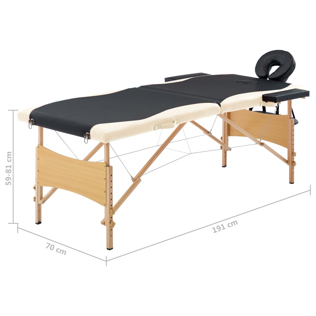 sammenfoldeligt massagebord med træstel 2 zoner sort og beige