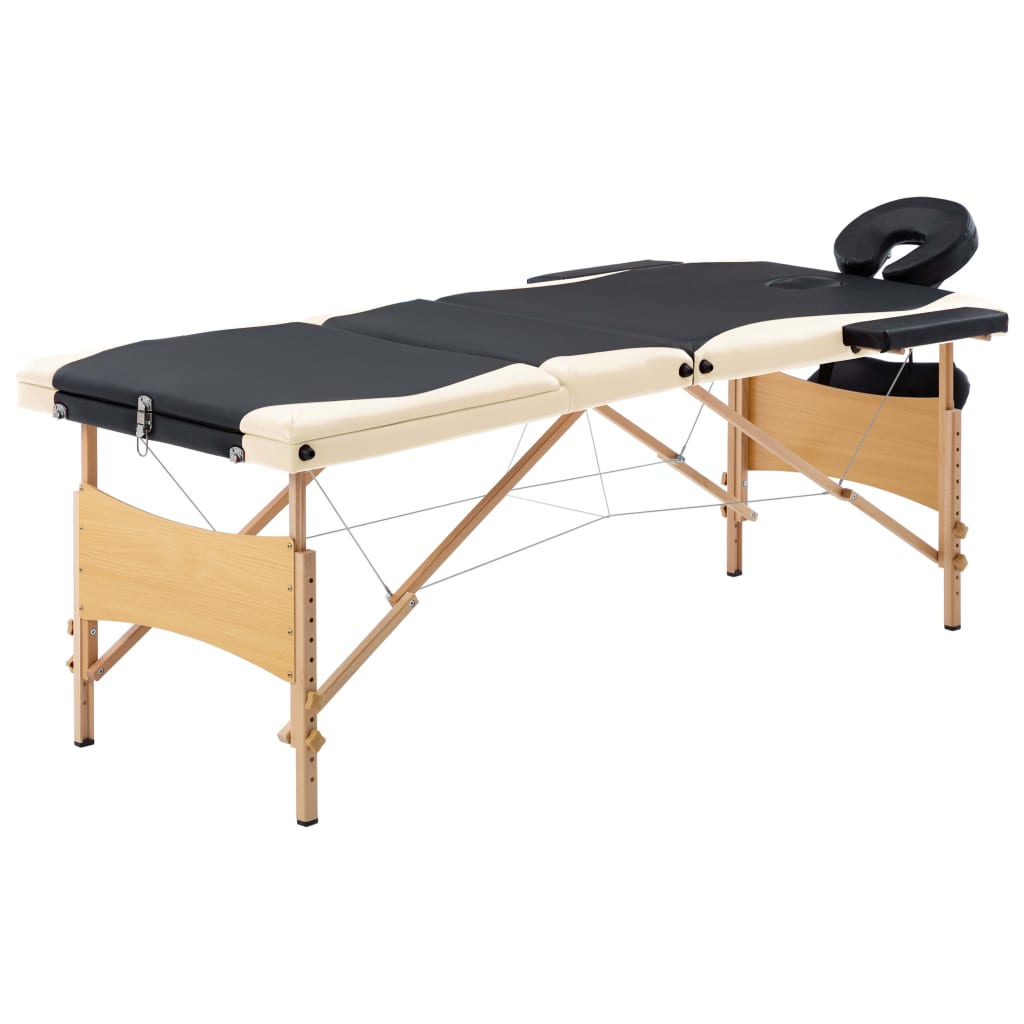 sammenfoldeligt massagebord med træstel 3 zoner sort og beige