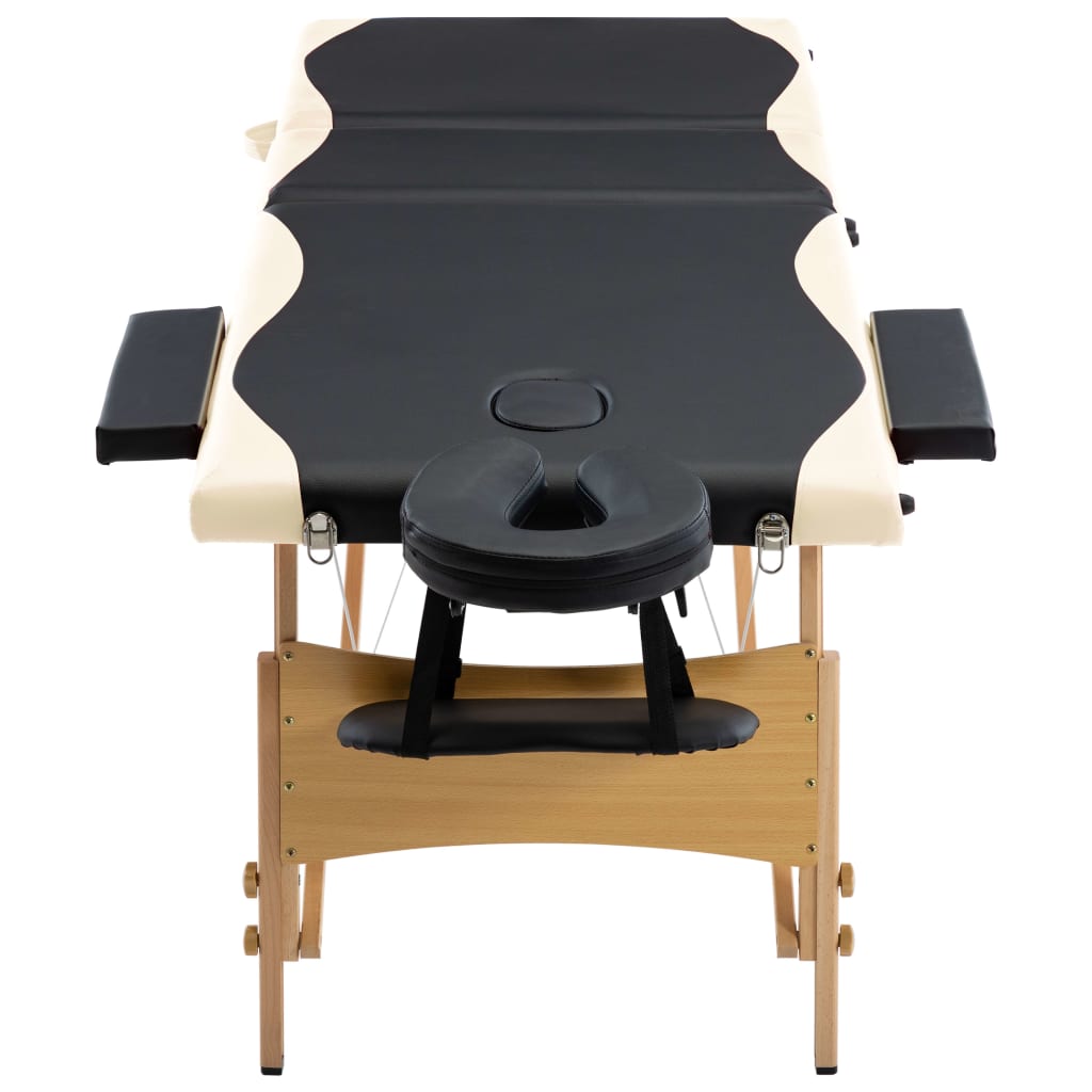 sammenfoldeligt massagebord med træstel 3 zoner sort og beige