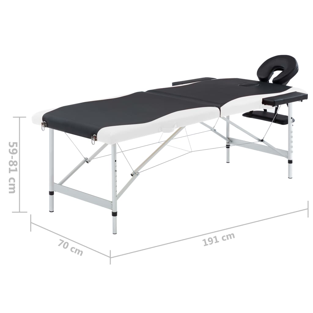 sammenfoldeligt massagebord aluminiumsstel 2 zoner sort og hvid