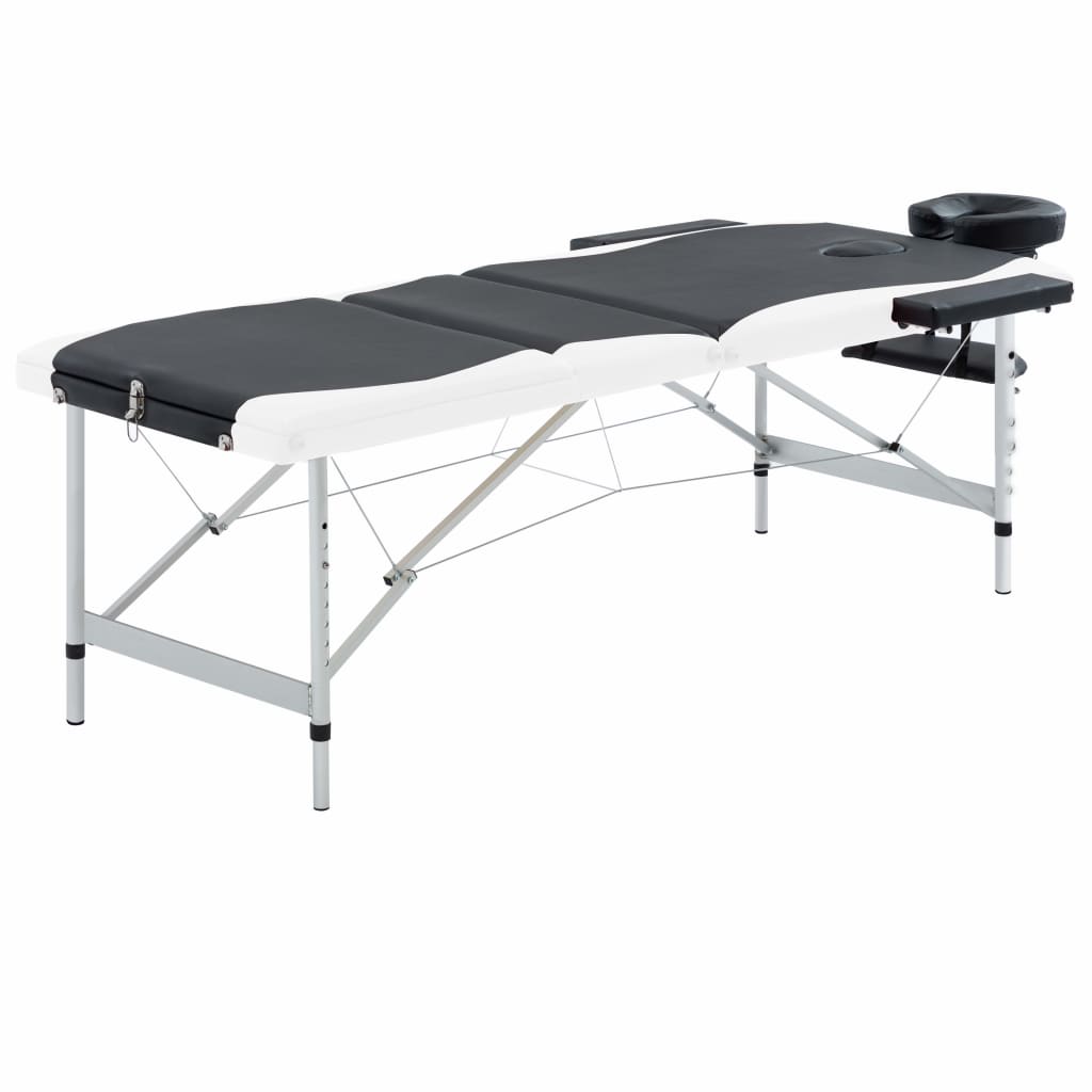 sammenfoldeligt massagebord aluminiumsstel 3 zoner sort og hvid