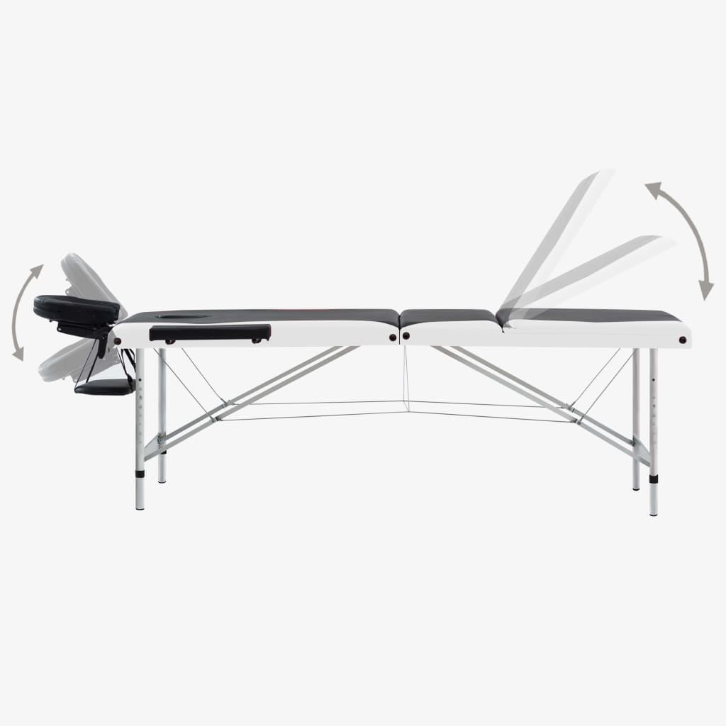 sammenfoldeligt massagebord aluminiumsstel 3 zoner sort og hvid