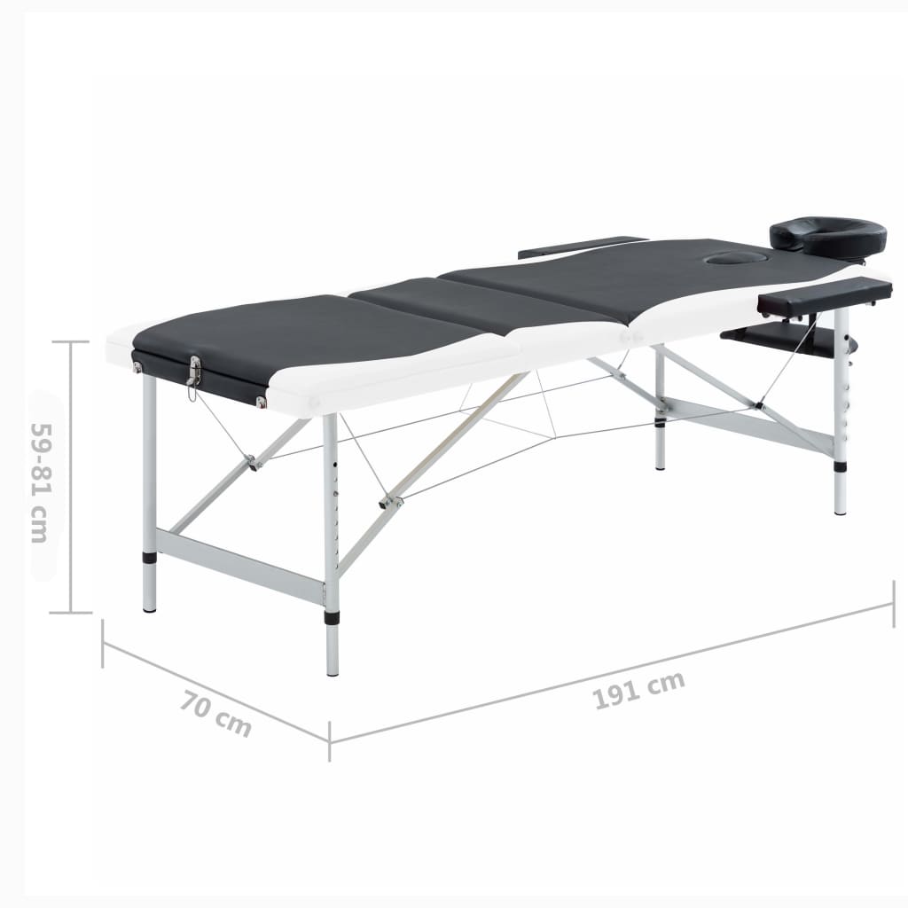 sammenfoldeligt massagebord aluminiumsstel 3 zoner sort og hvid