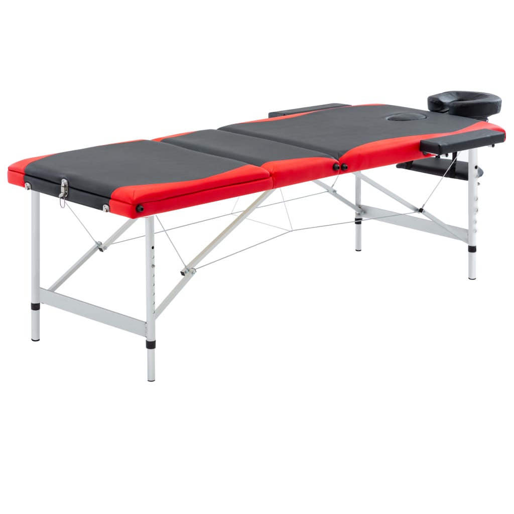 sammenfoldeligt massagebord aluminiumsstel 3 zoner sort og rød