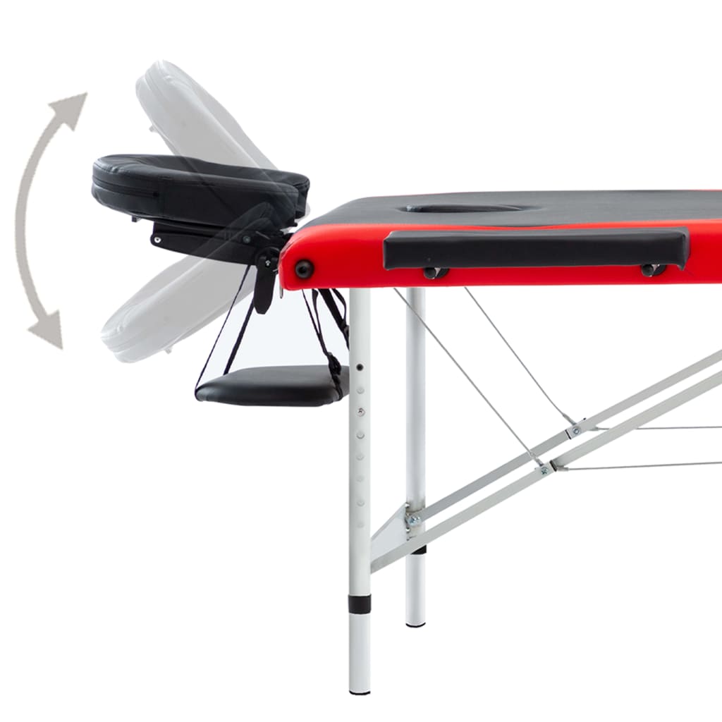 sammenfoldeligt massagebord aluminiumsstel 3 zoner sort og rød