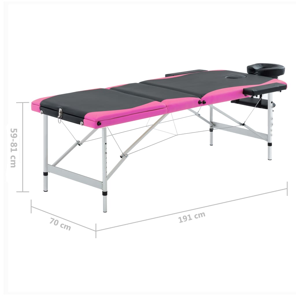 sammenfoldeligt massagebord aluminiumsstel 3 zoner sort lyserød