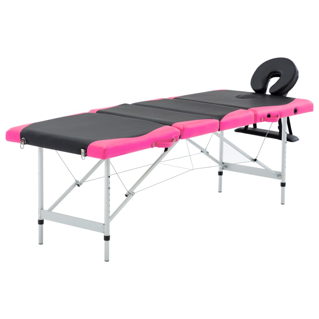 sammenfoldeligt massagebord aluminiumsstel 4 zoner sort lyserød