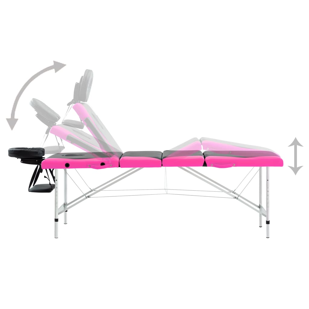 sammenfoldeligt massagebord aluminiumsstel 4 zoner sort lyserød
