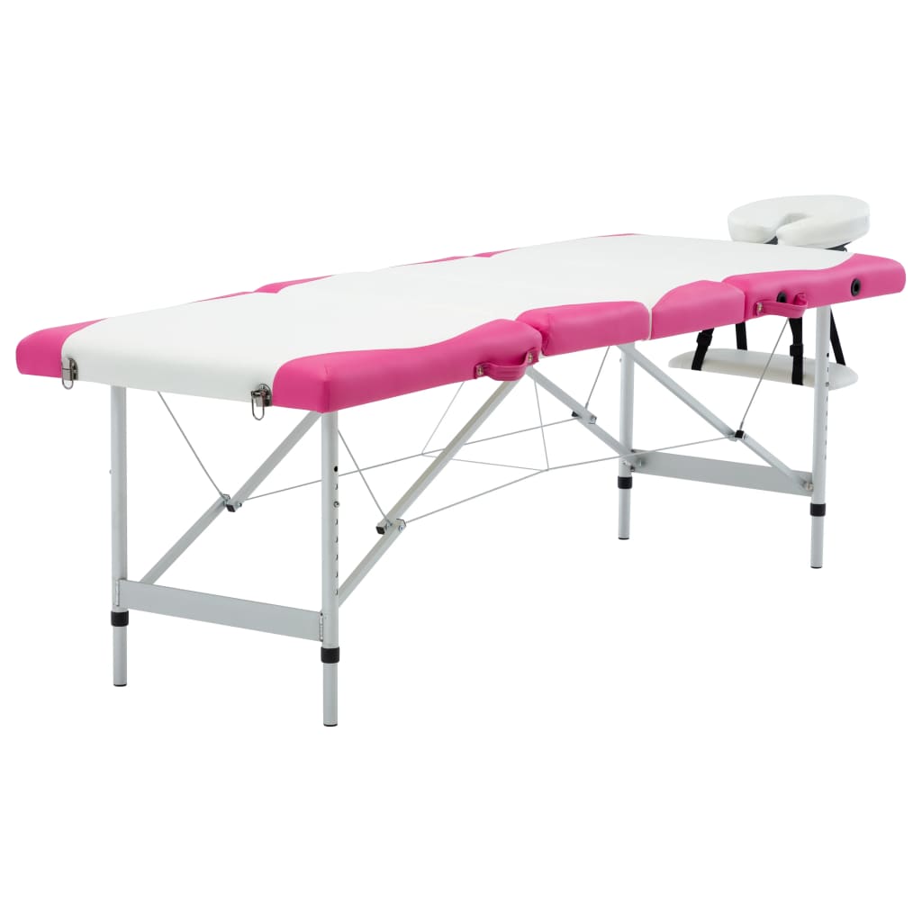 foldbart massagebord 4 zoner aluminium hvid og pink
