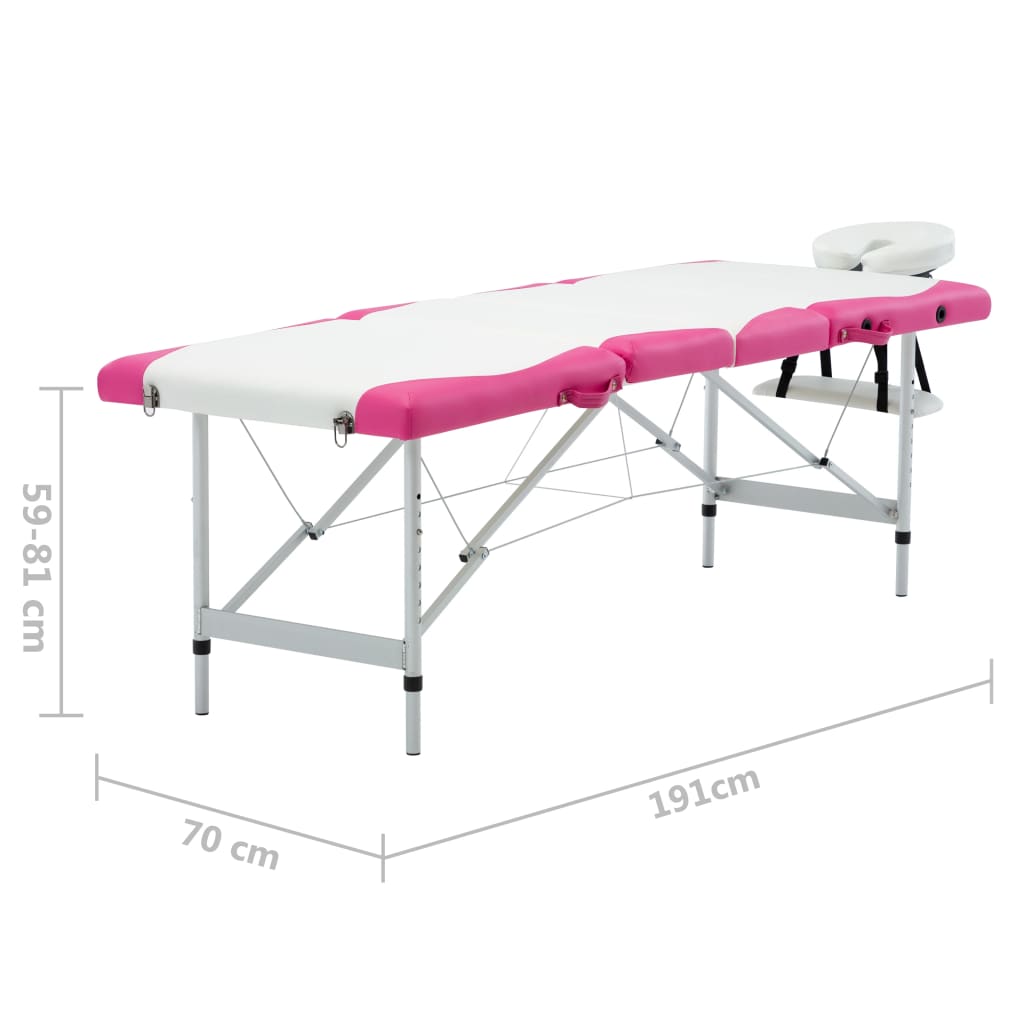 foldbart massagebord 4 zoner aluminium hvid og pink