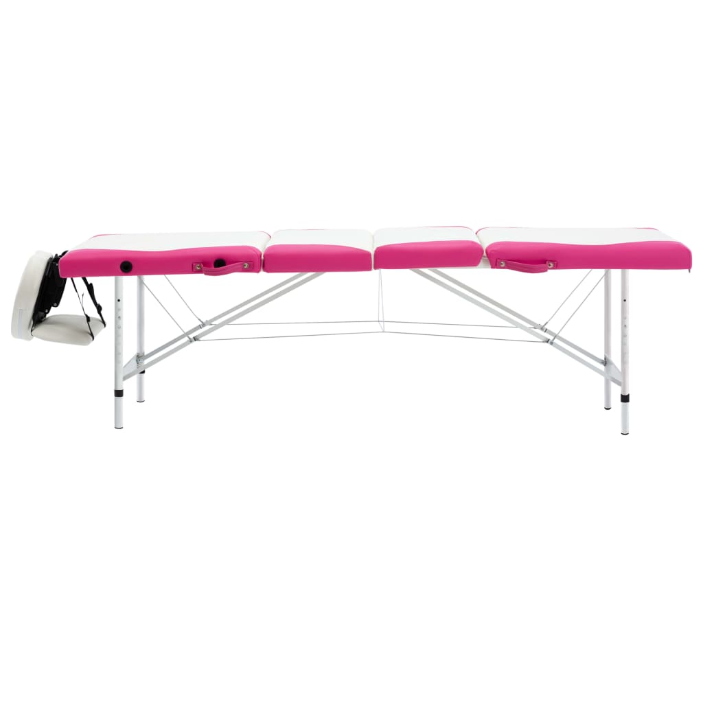 foldbart massagebord 4 zoner aluminium hvid og pink