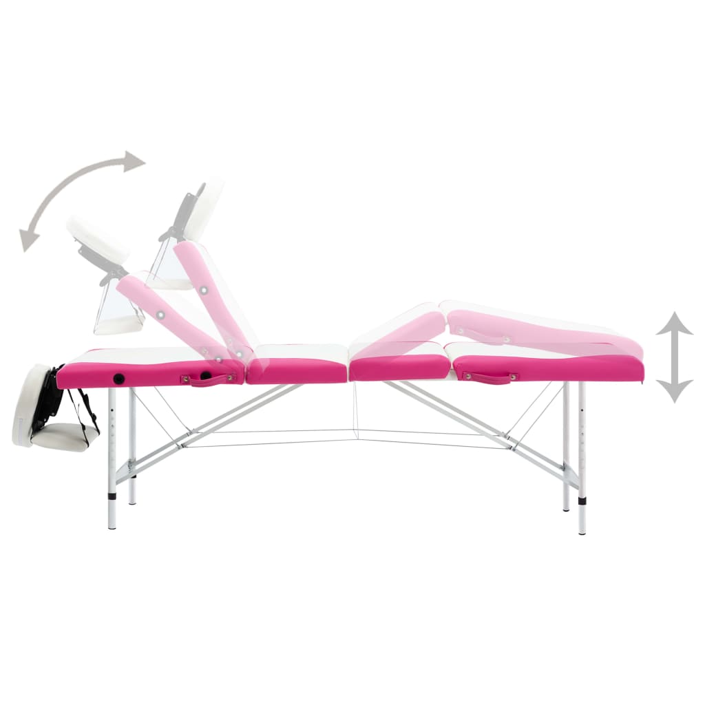 foldbart massagebord 4 zoner aluminium hvid og pink