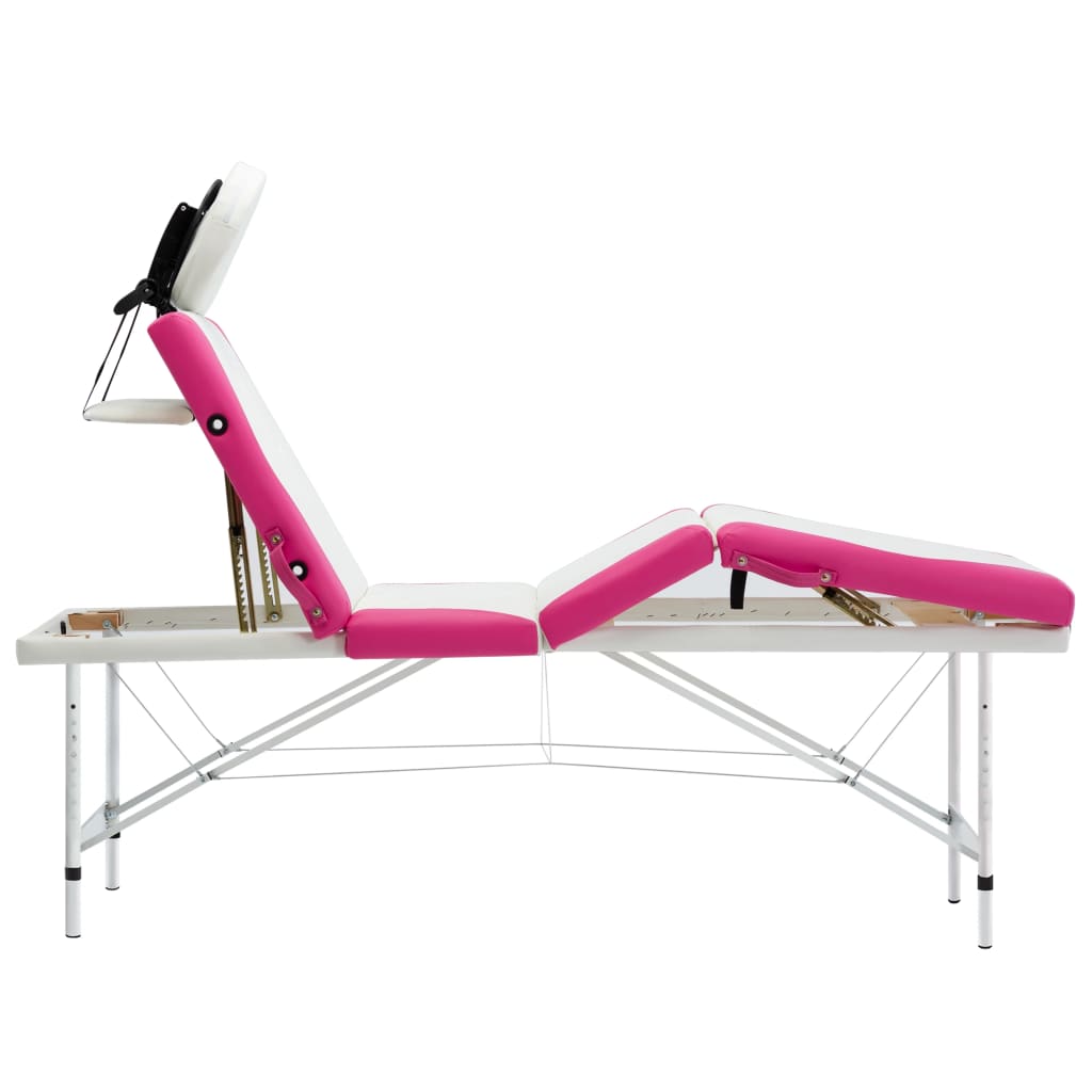 foldbart massagebord 4 zoner aluminium hvid og pink