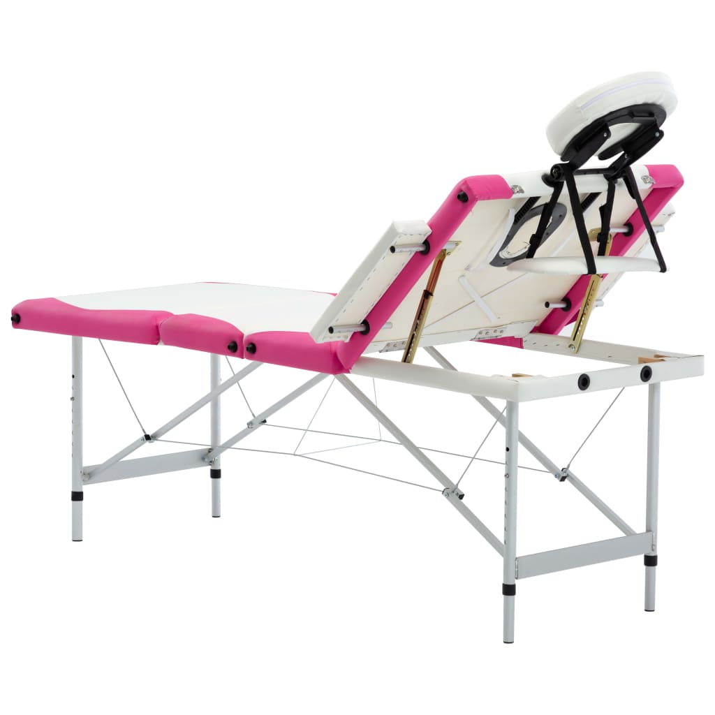 foldbart massagebord 4 zoner aluminium hvid og pink