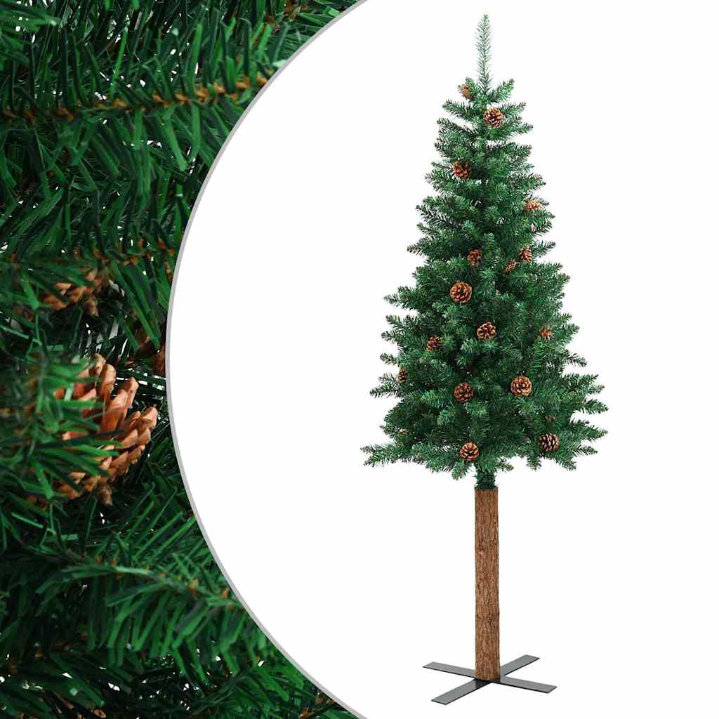 smalt juletræ med ægte træ og grankogler 150 cm PVC grøn