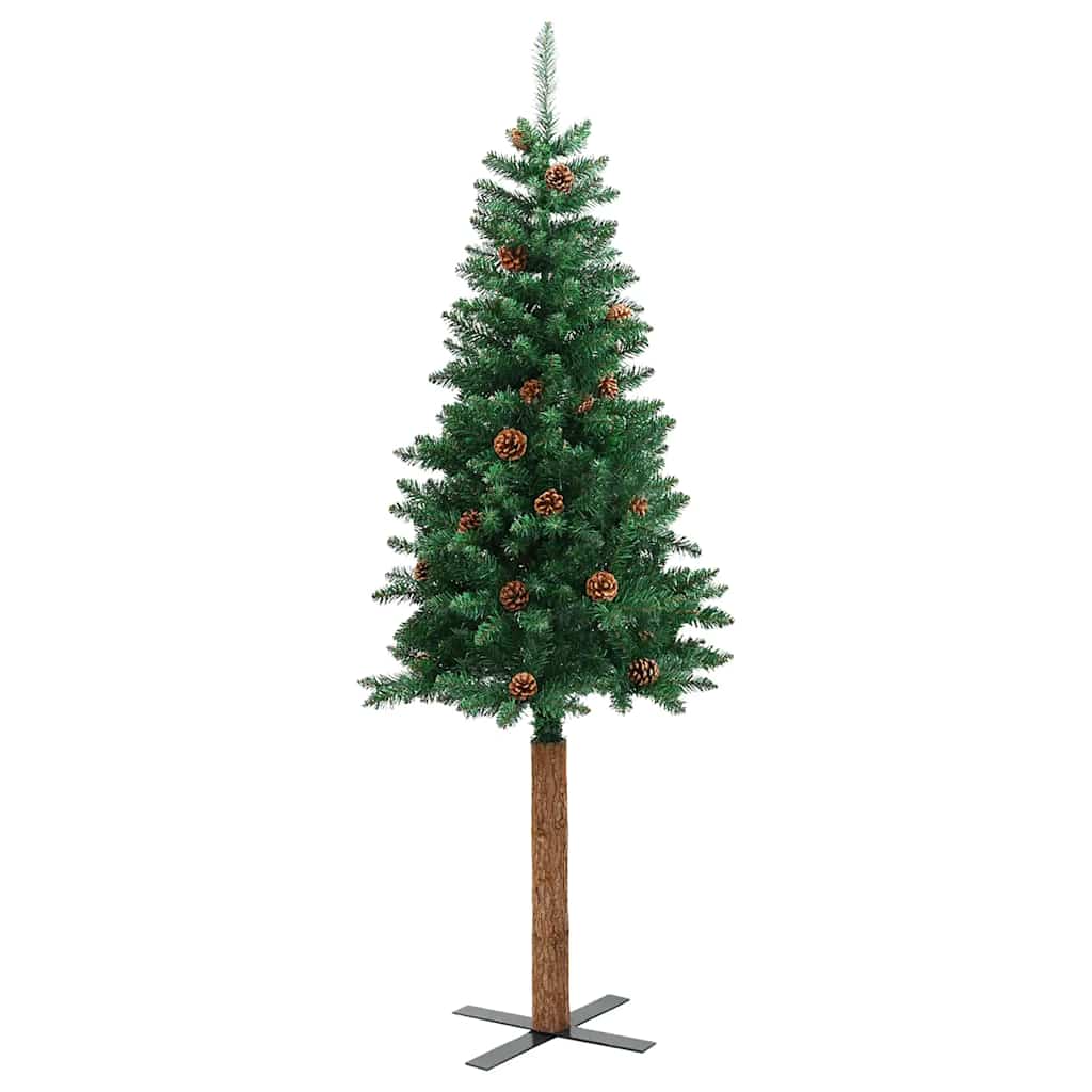smalt juletræ med ægte træ og grankogler 150 cm PVC grøn