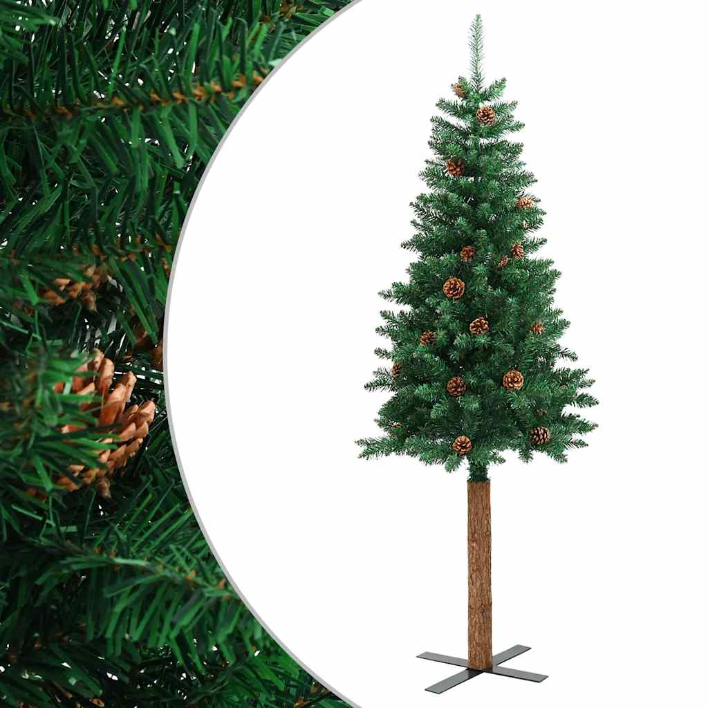 smalt juletræ med ægte træ og grankogler 180 cm PVC grøn