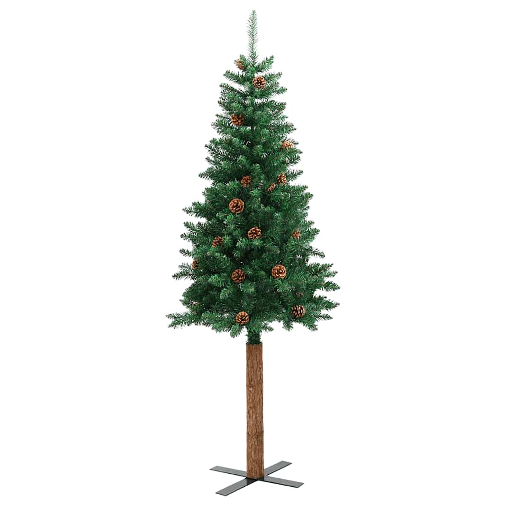 smalt juletræ med ægte træ og grankogler 180 cm PVC grøn