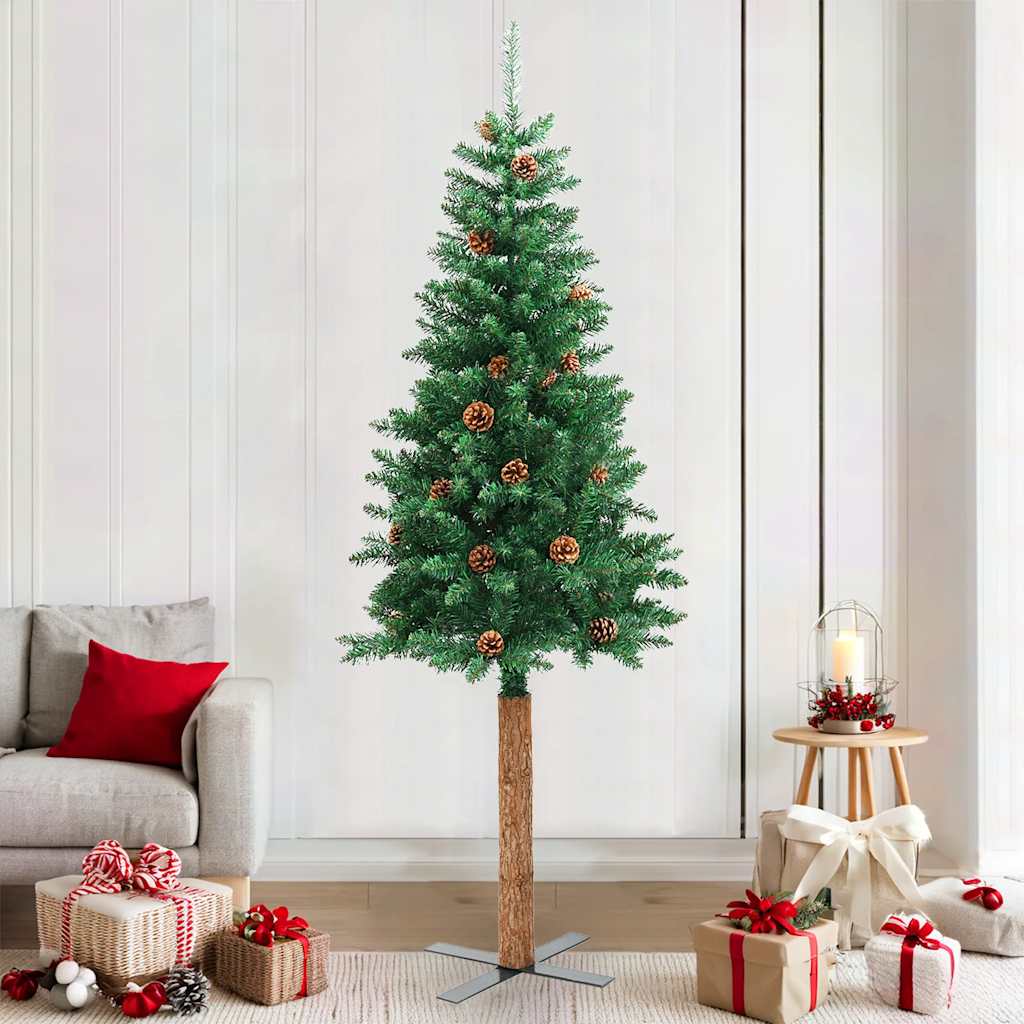 smalt juletræ med ægte træ og grankogler 210 cm PVC grøn