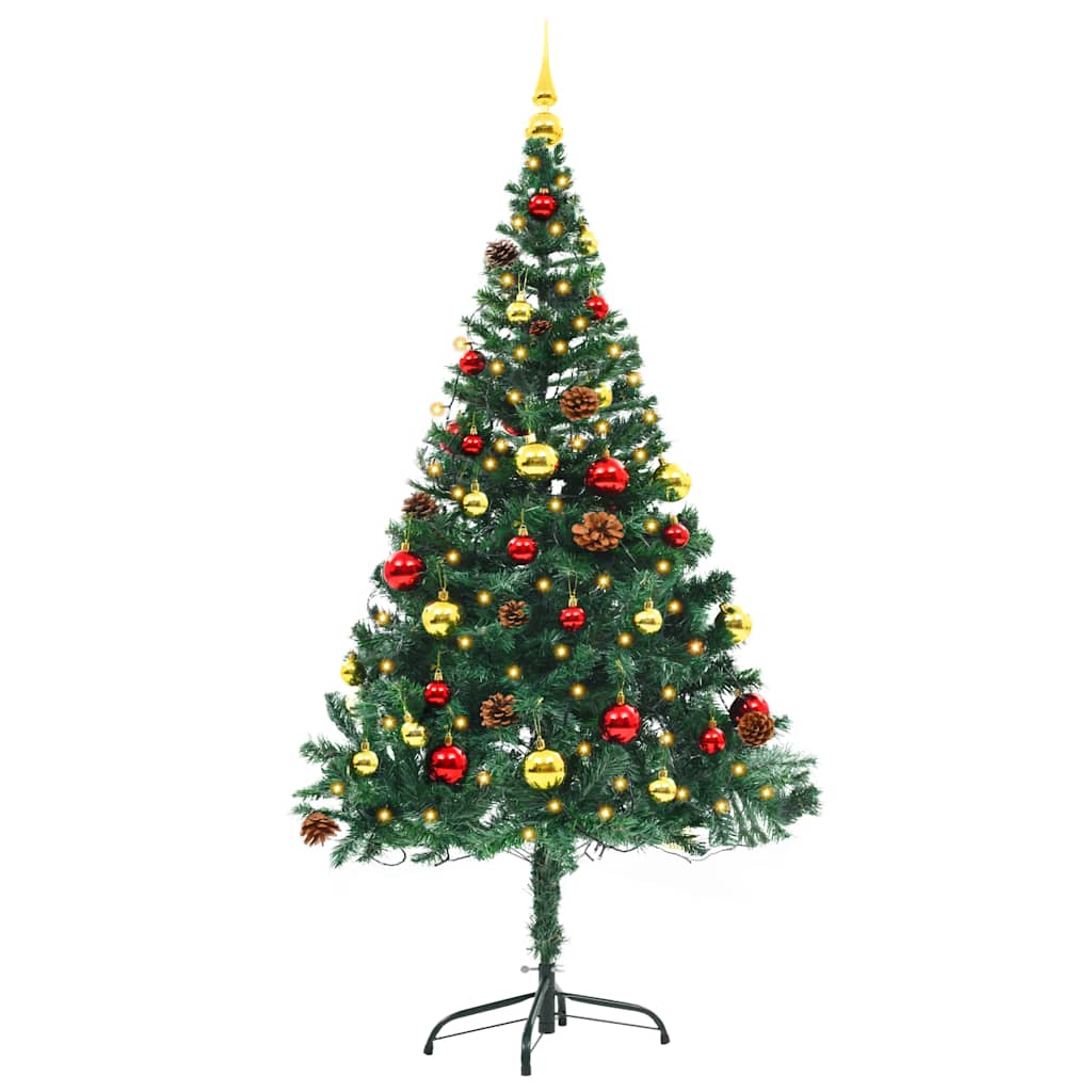 kunstigt juletræ med lys og julekugler 150 cm grøn
