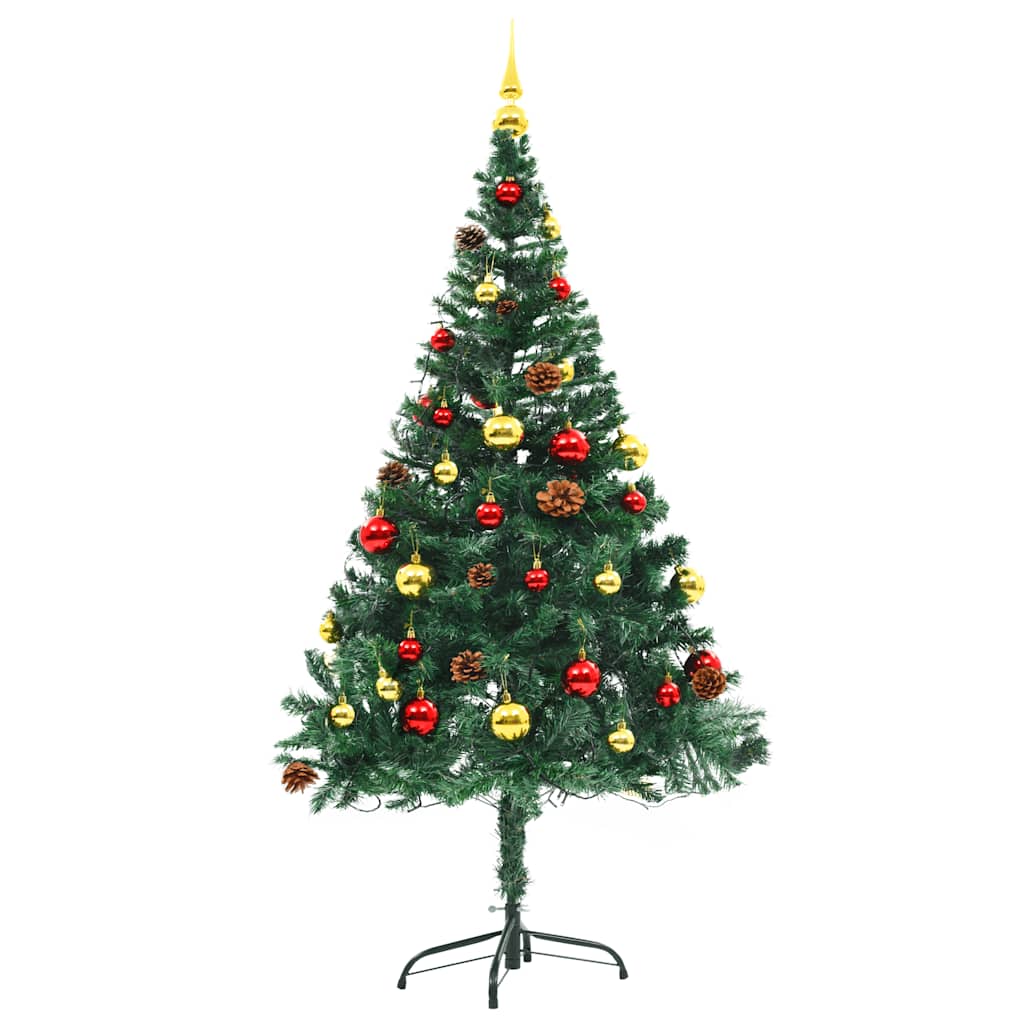 kunstigt juletræ med lys og julekugler 150 cm grøn