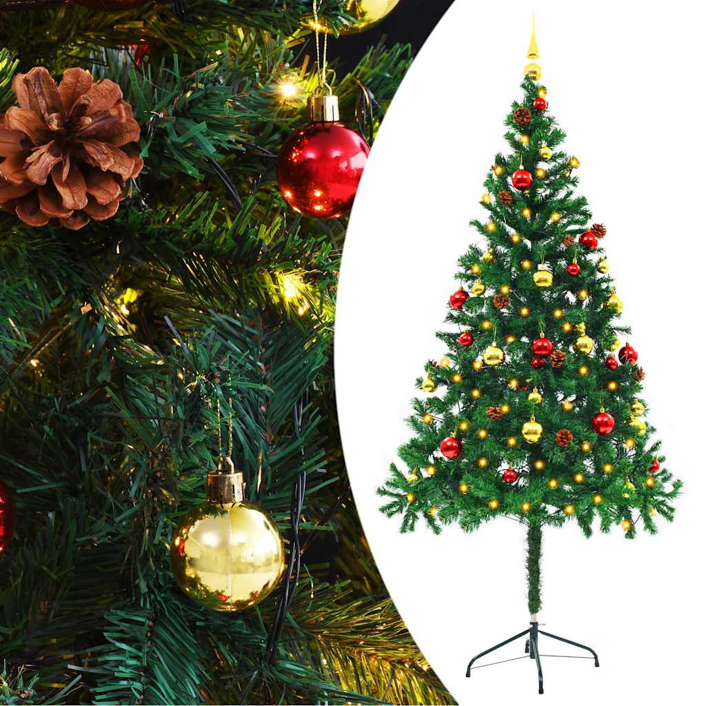 kunstigt juletræ med lys og julekugler 180 cm grøn