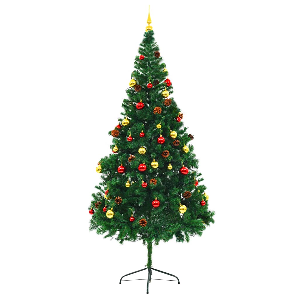 kunstigt juletræ med lys og julekugler 210 cm grøn
