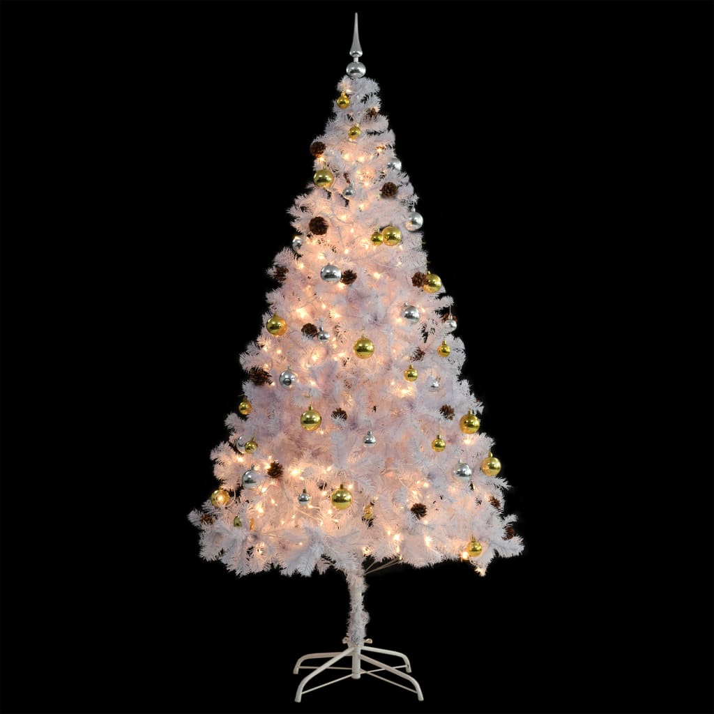 kunstigt juletræ med lys og julekugler 210 cm hvid