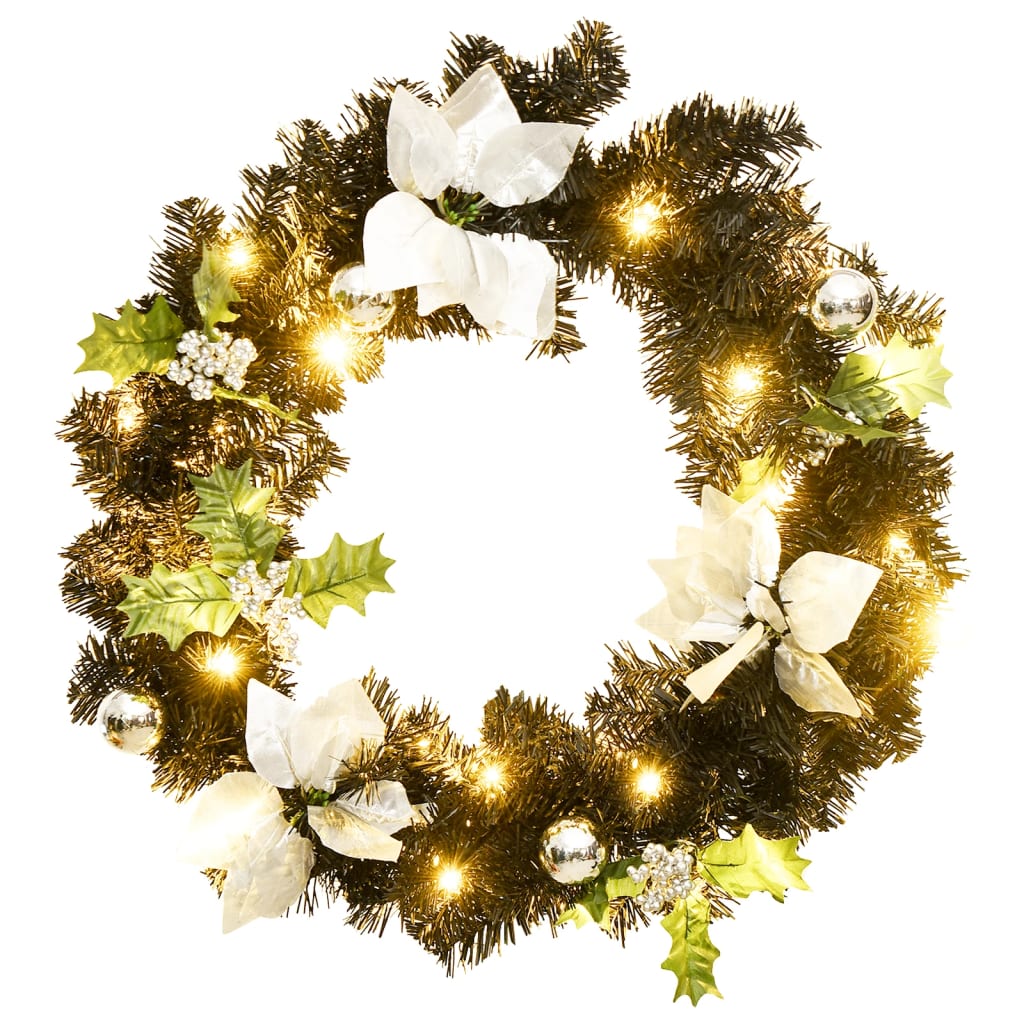 julekrans med LED-lys 60 cm PVC sort