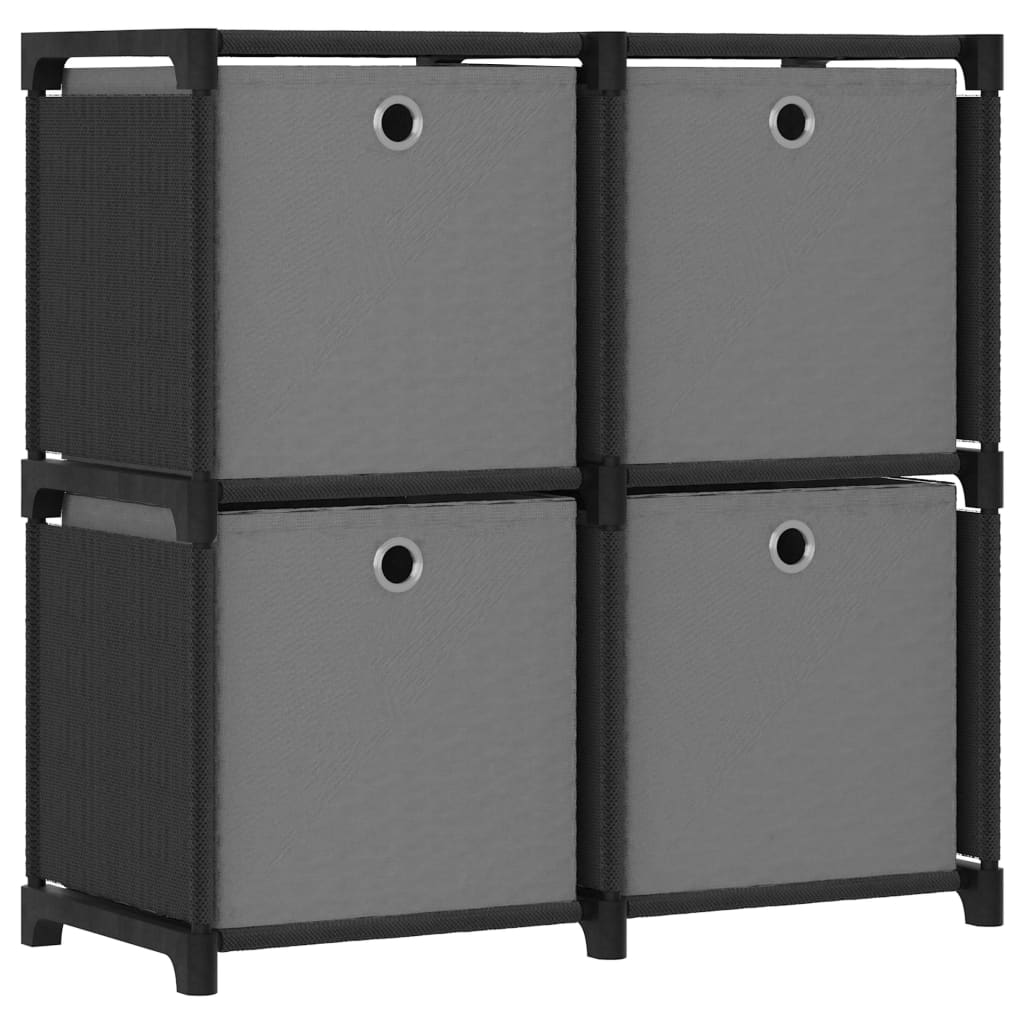 reol med 4 rum og kasser 69x30x72,5 cm stof sort
