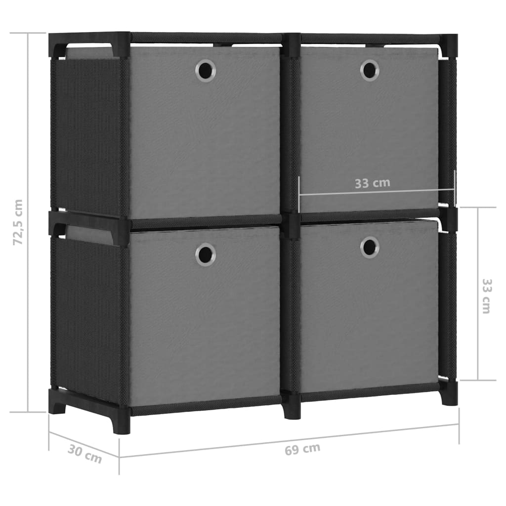 reol med 4 rum og kasser 69x30x72,5 cm stof sort