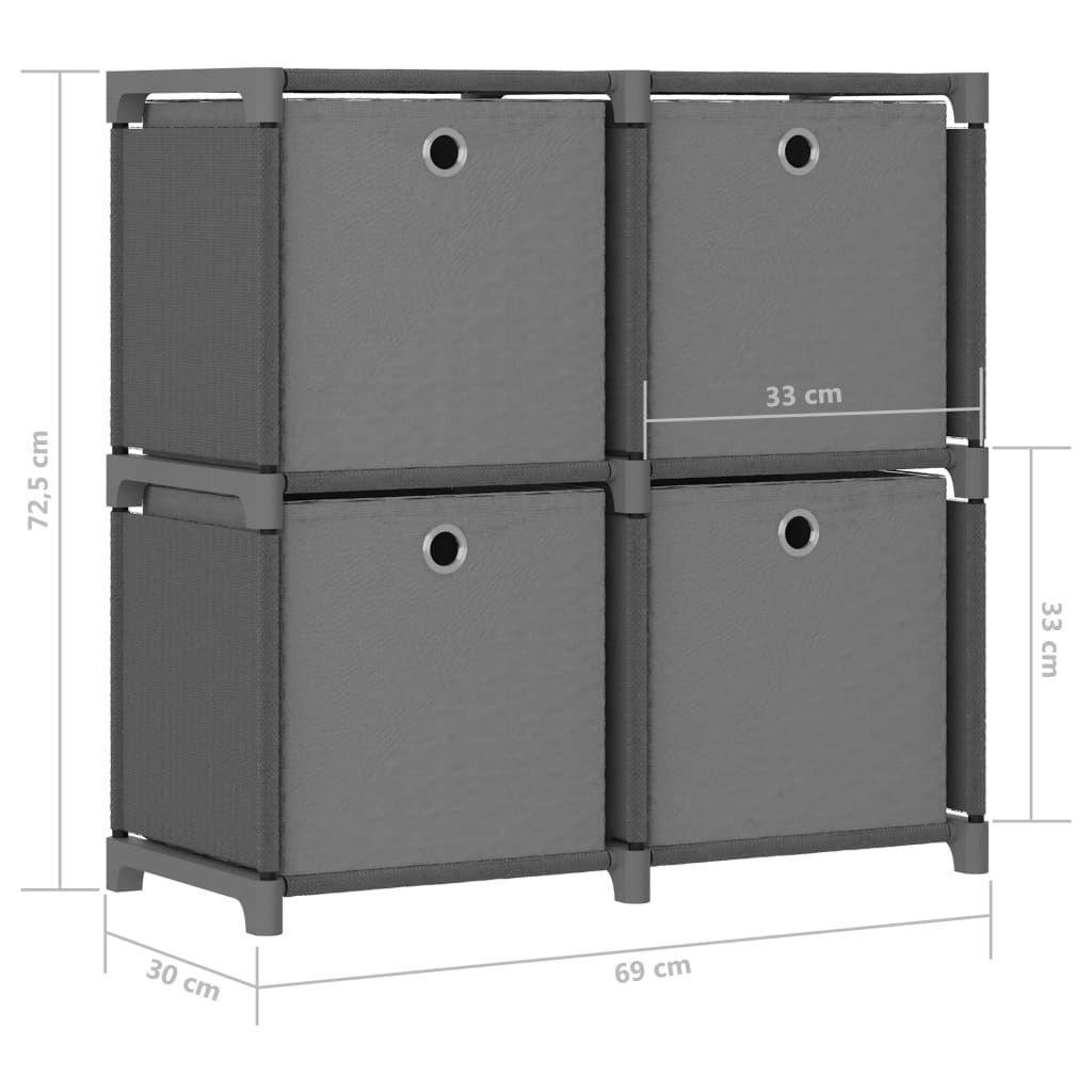 reol med 4 rum og kasser 69x30x72,5 cm stof grå