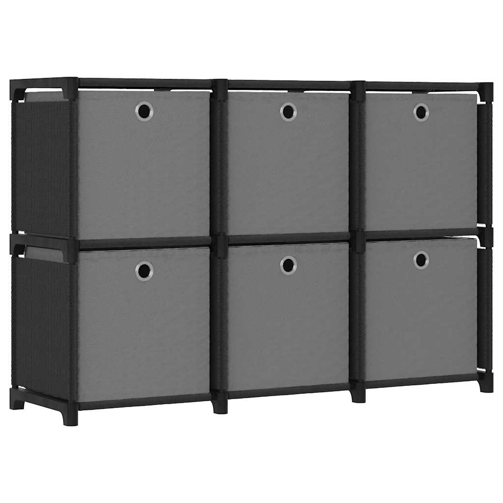 reol med 6 rum og kasser 103x30x72,5 cm stof sort