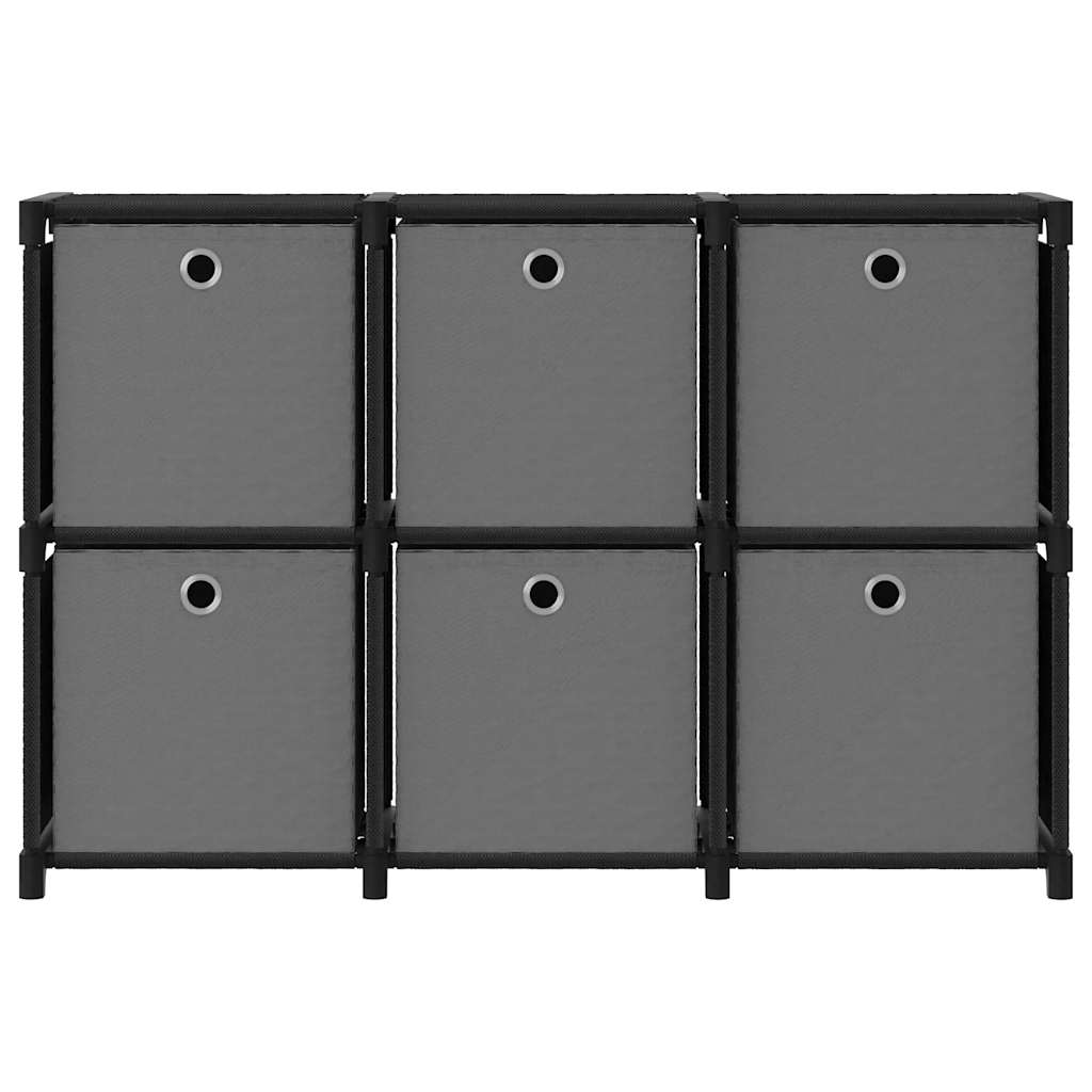 reol med 6 rum og kasser 103x30x72,5 cm stof sort
