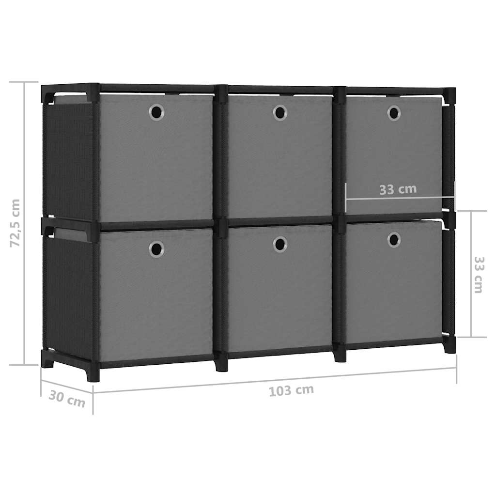 reol med 6 rum og kasser 103x30x72,5 cm stof sort