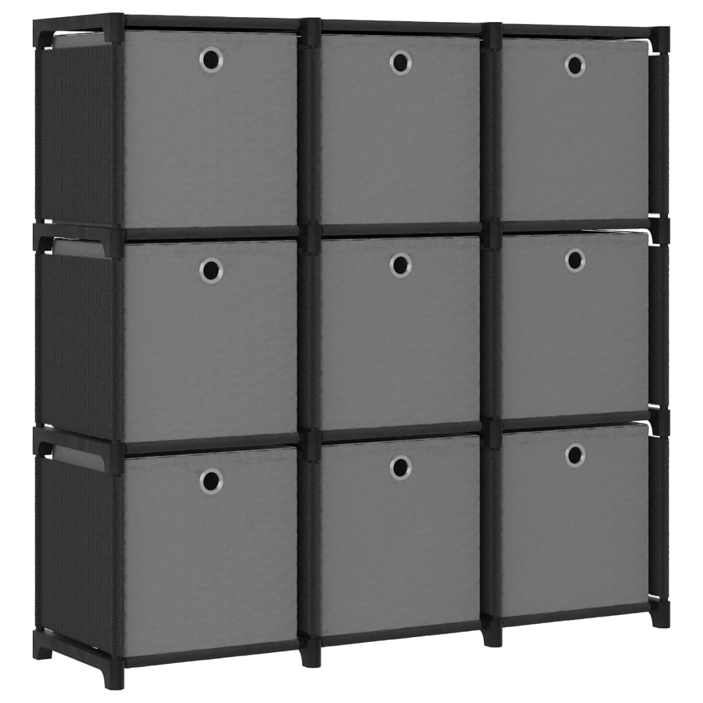 reol med 9 rum og kasser 103x30x107,5 cm stof sort