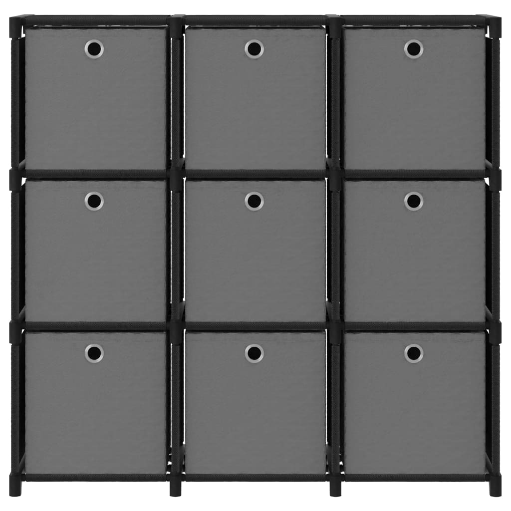 reol med 9 rum og kasser 103x30x107,5 cm stof sort