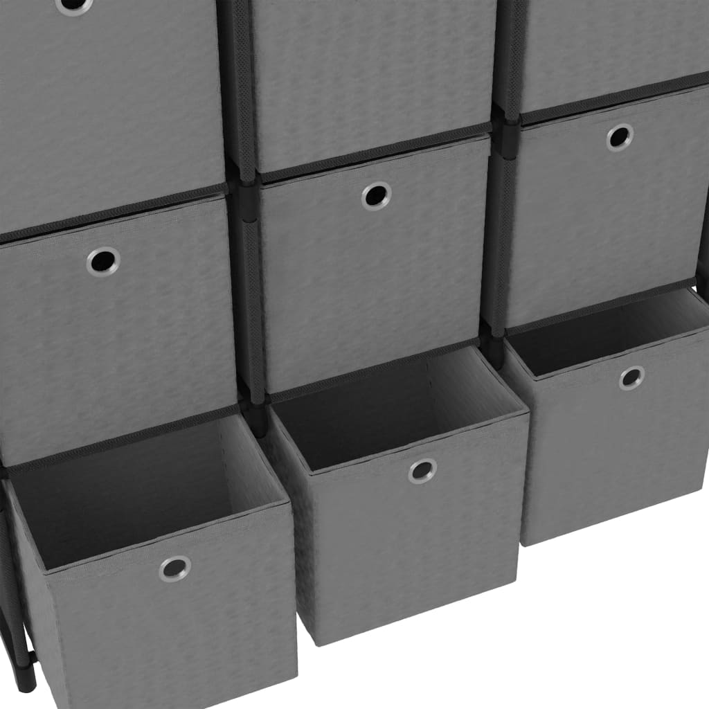 reol med 9 rum og kasser 103x30x107,5 cm stof sort