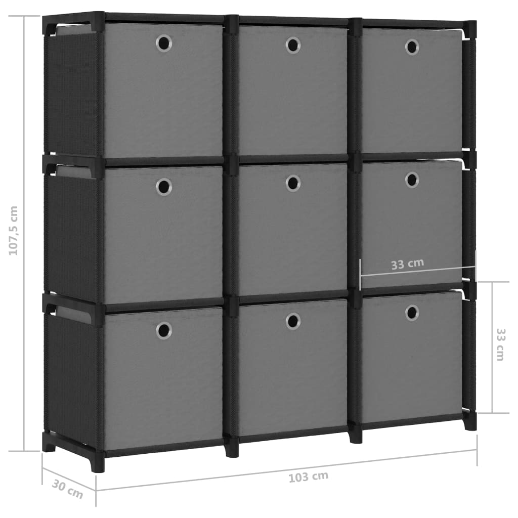 reol med 9 rum og kasser 103x30x107,5 cm stof sort