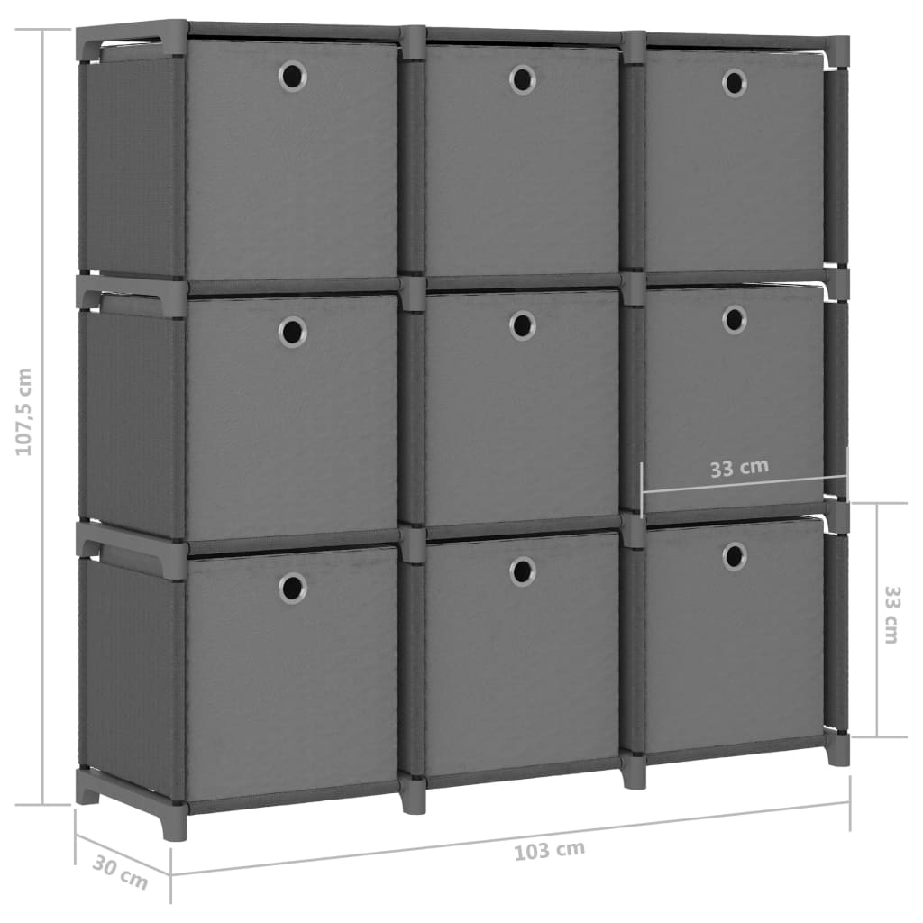 reol med 9 rum og kasser 103x30x107,5 cm stof grå